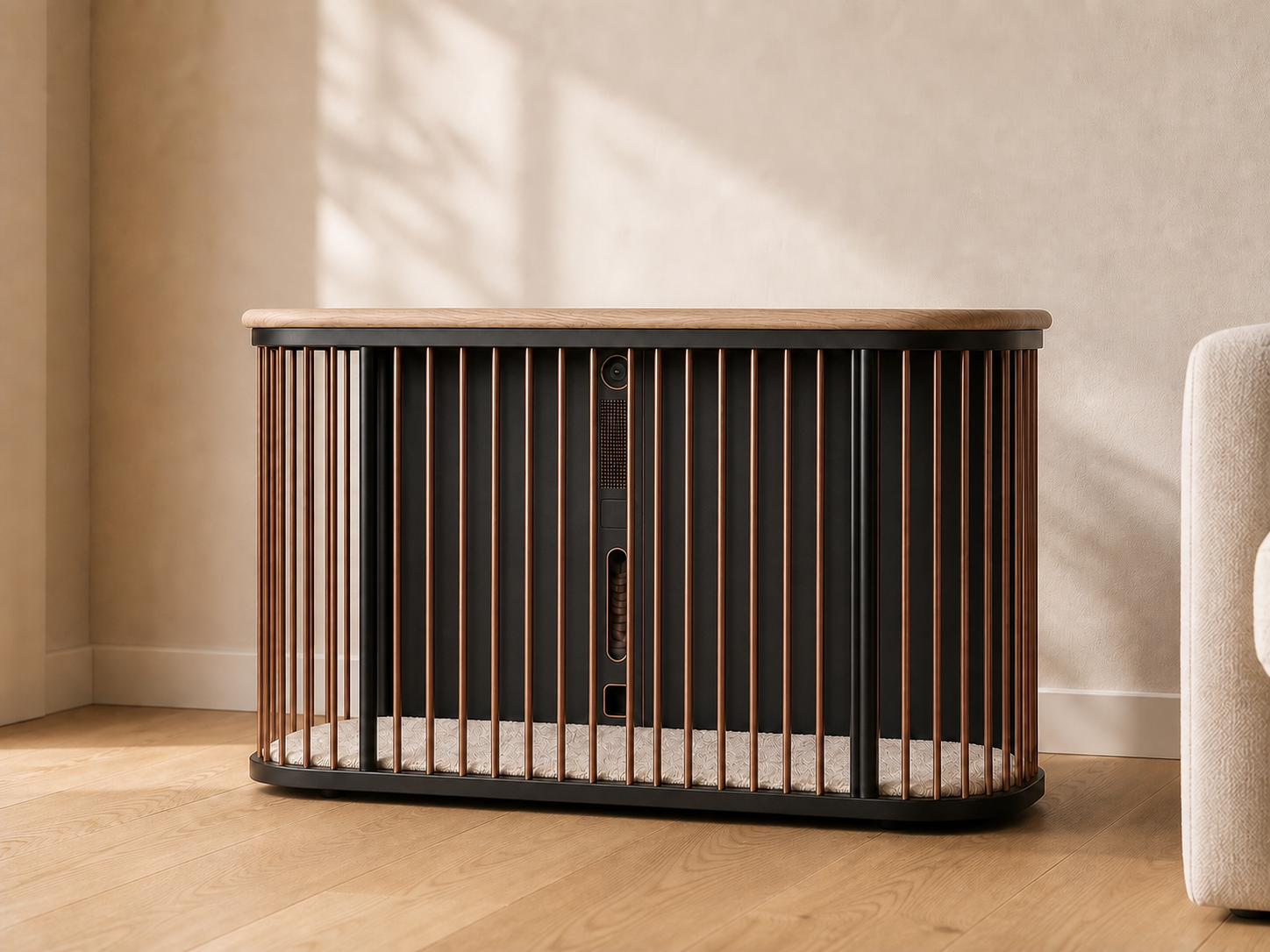 The Koja den fully assembled in a warm interior, with its bronze-rod front door closed