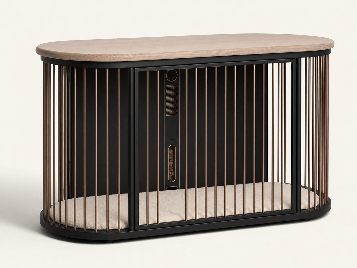 The Koja den ready to arrive, with closed front door, oak top, bronze rods, and cream mat