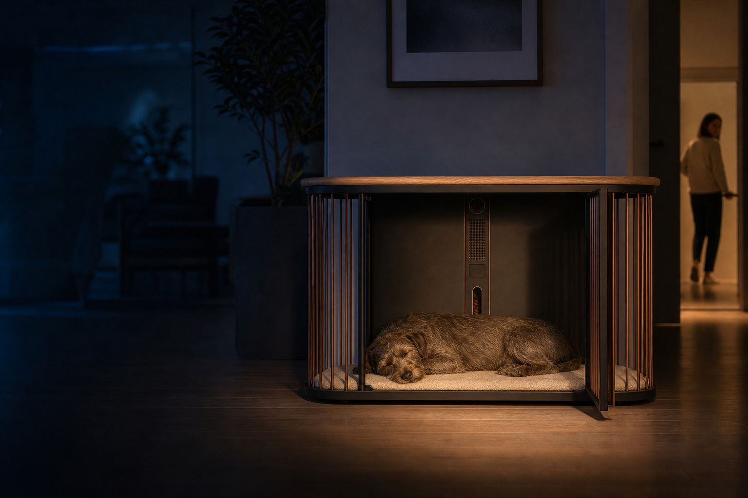 A rescue dog sleeps inside the Koja den at blue hour while its owner leaves the room calmly