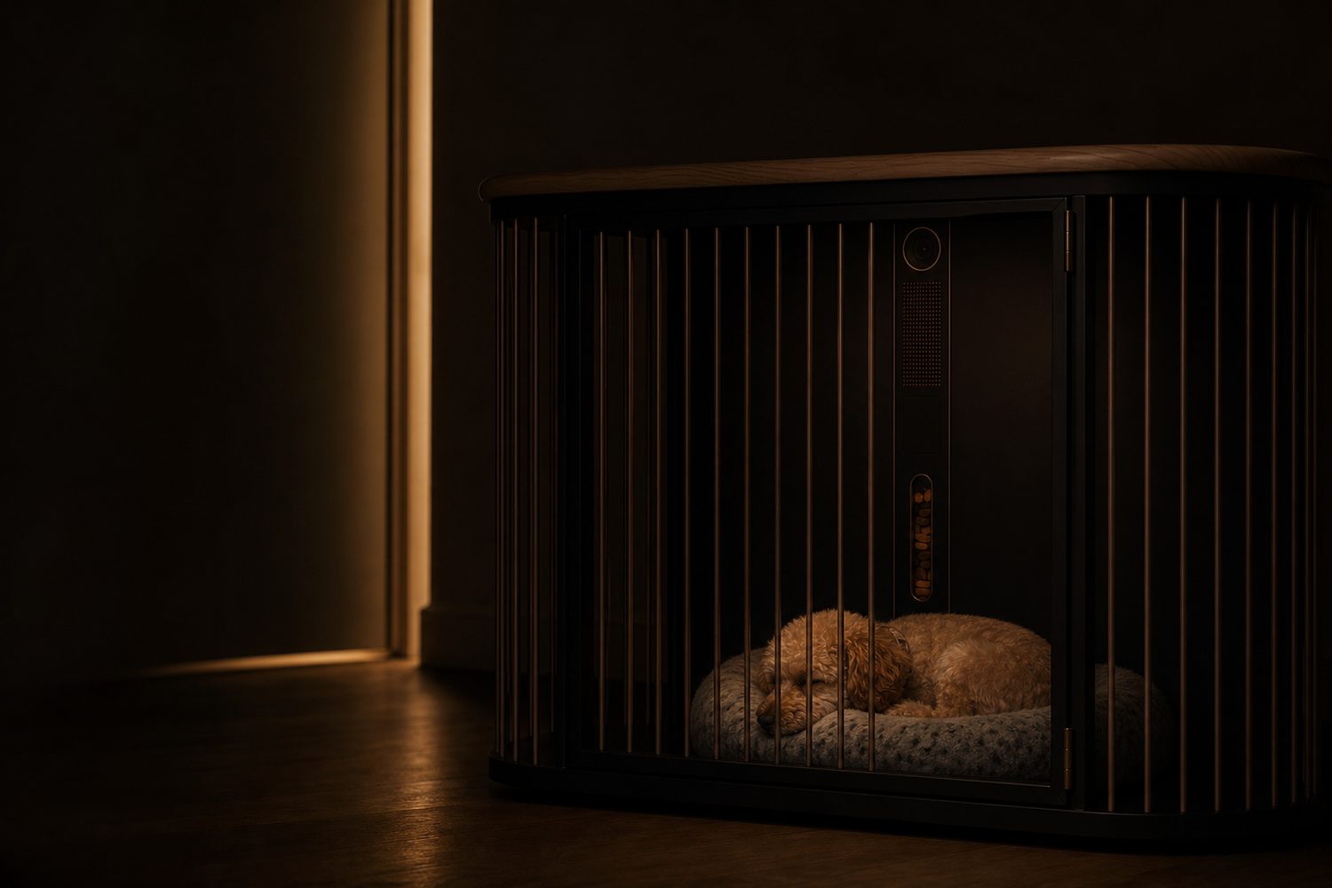 Peanut sleeps inside her Koja den at night while the room falls into deep shadow