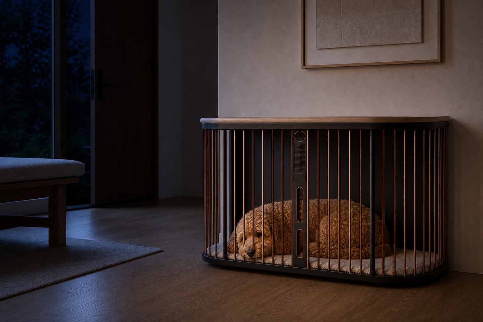 Peanut sleeps visibly inside Koja in soft moonlight
