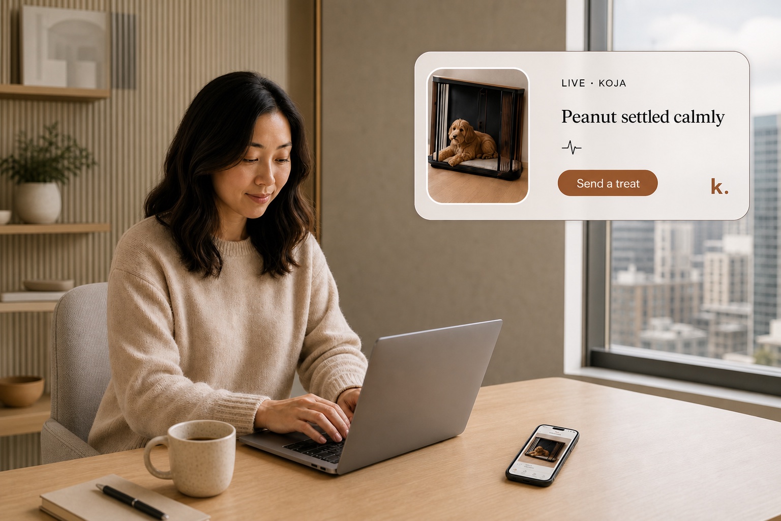 A workday check-in shows Peanut settled inside Koja with a clear option to send a treat