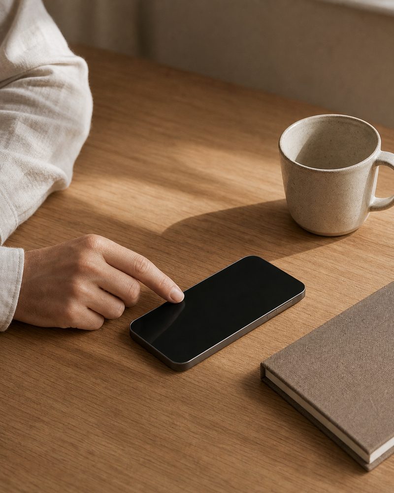 A hand rests beside a dark phone on a calm afternoon desk