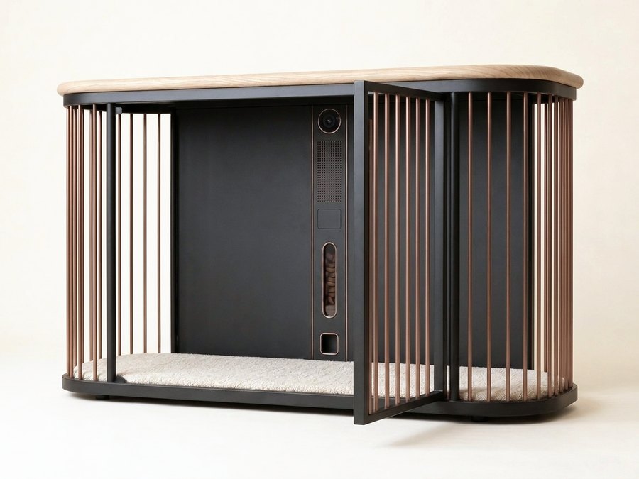 The Koja den seen from three-quarters with its door swung open, showing the fitted mat and the Tech Bar on the back wall