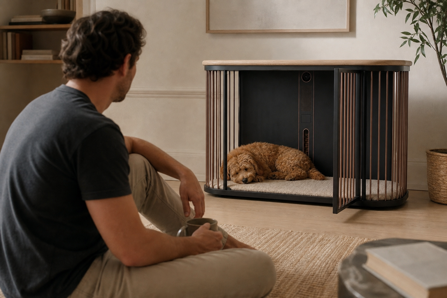 An owner sits close by as Peanut sleeps peacefully inside the Koja den