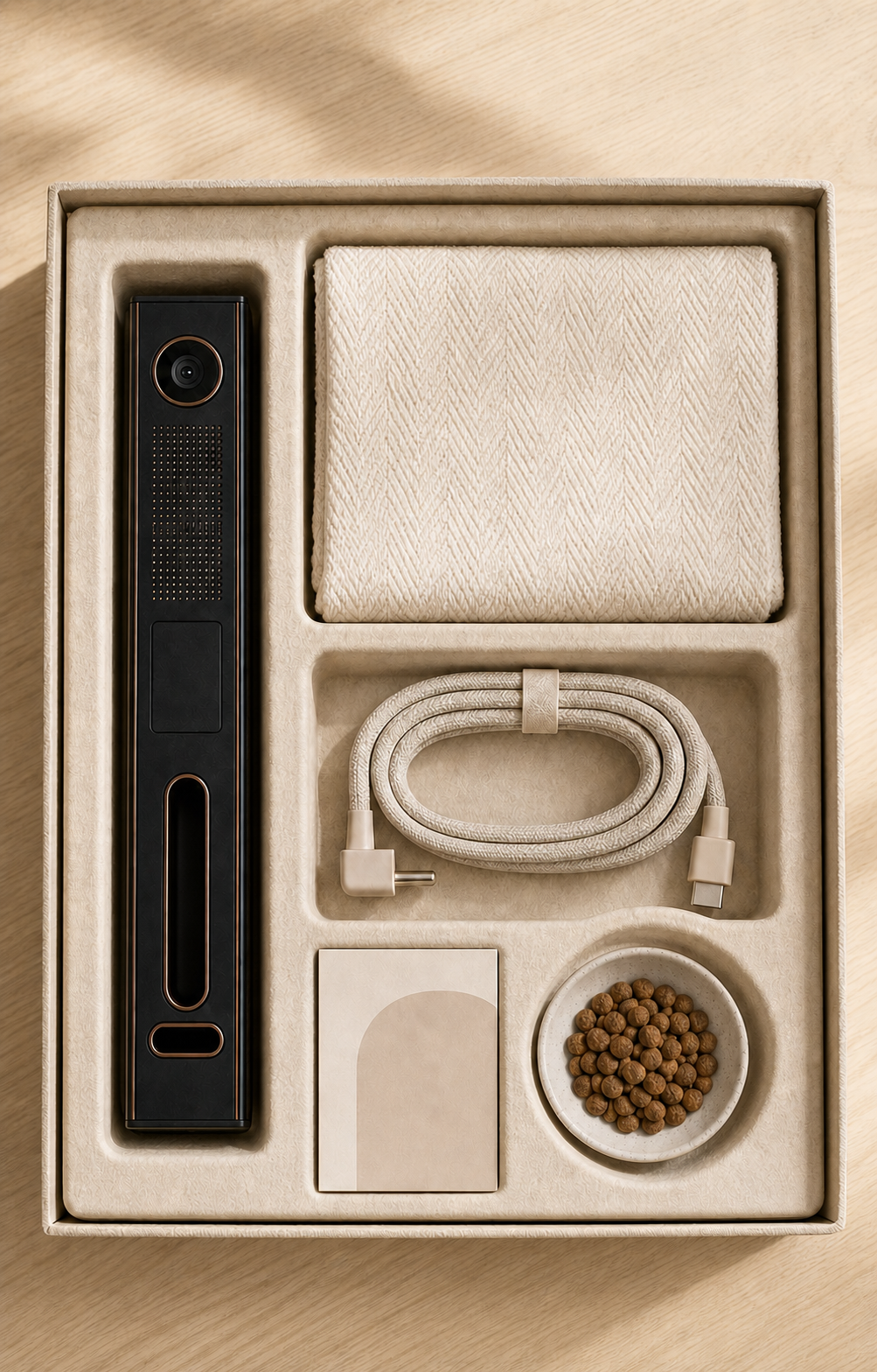 Koja Tech Bar with an empty treat window, fitted mat, braided power cable, setup guide, and a bowl of starter treats