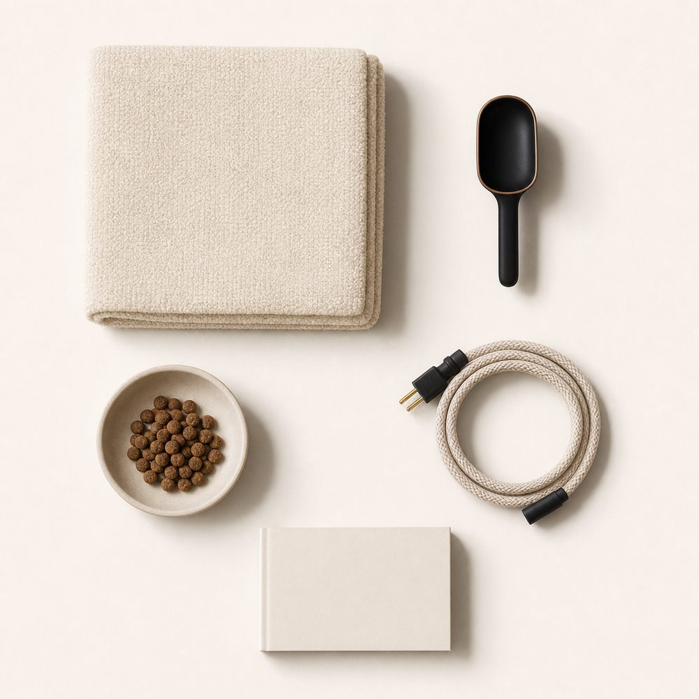 Complete flat lay of the Koja mat, treats, power cable, and quick-start booklet