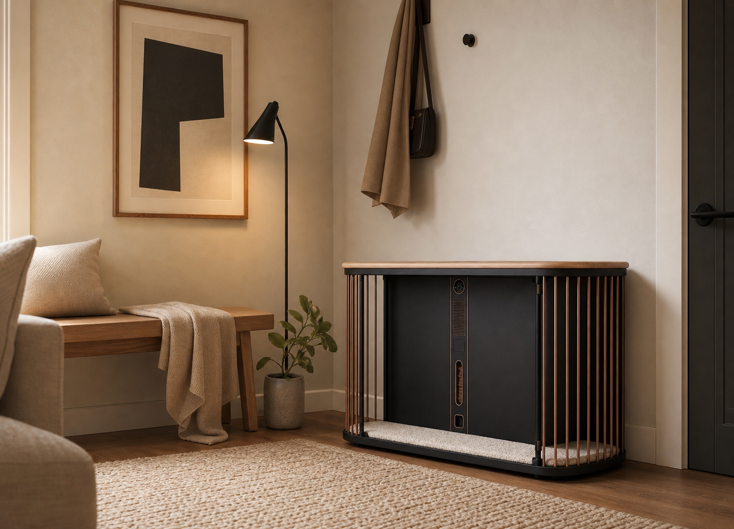 Koja styled as furniture in a lived-in entry and living-room corner
