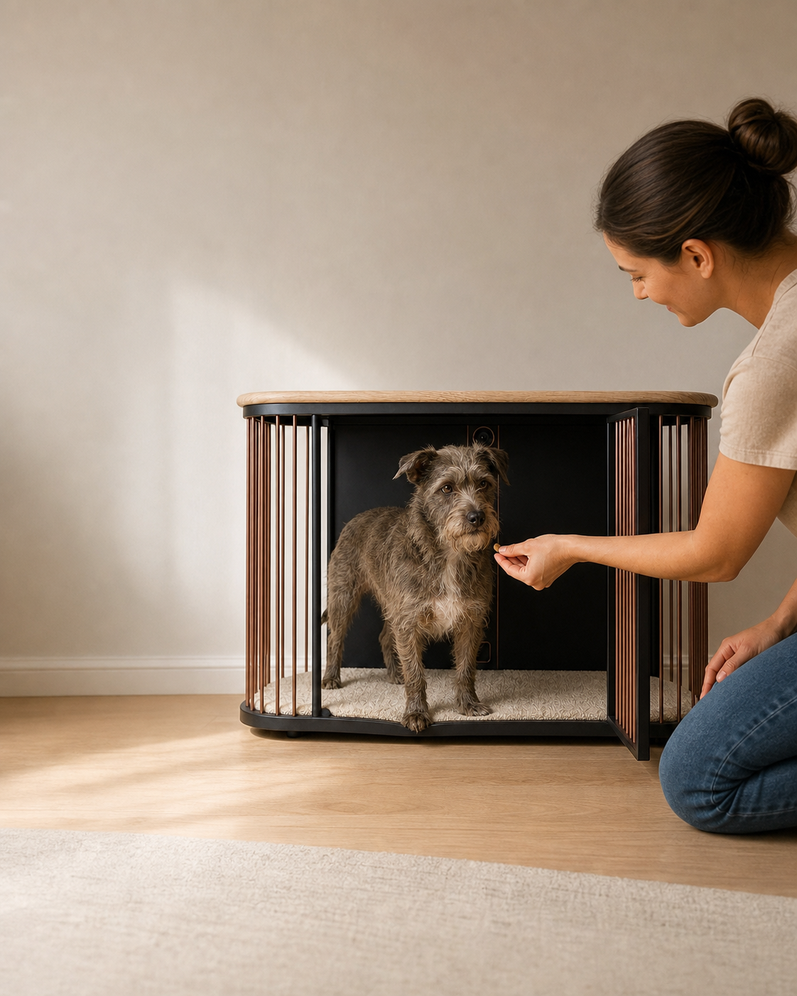 A caregiver rewards a rescue dog for following its familiar Koja routine