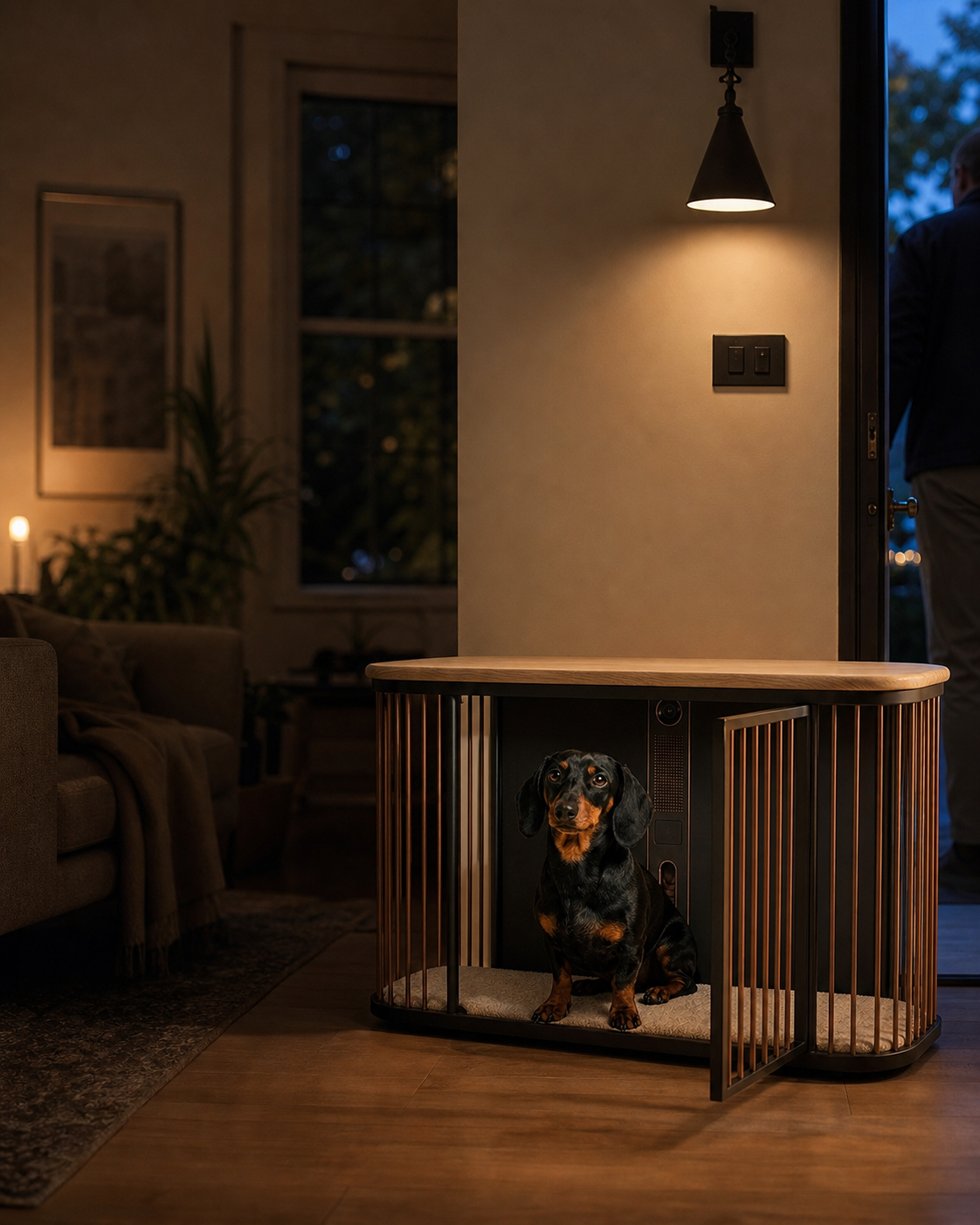 A visitor arrives while a dachshund waits calmly inside the Koja den