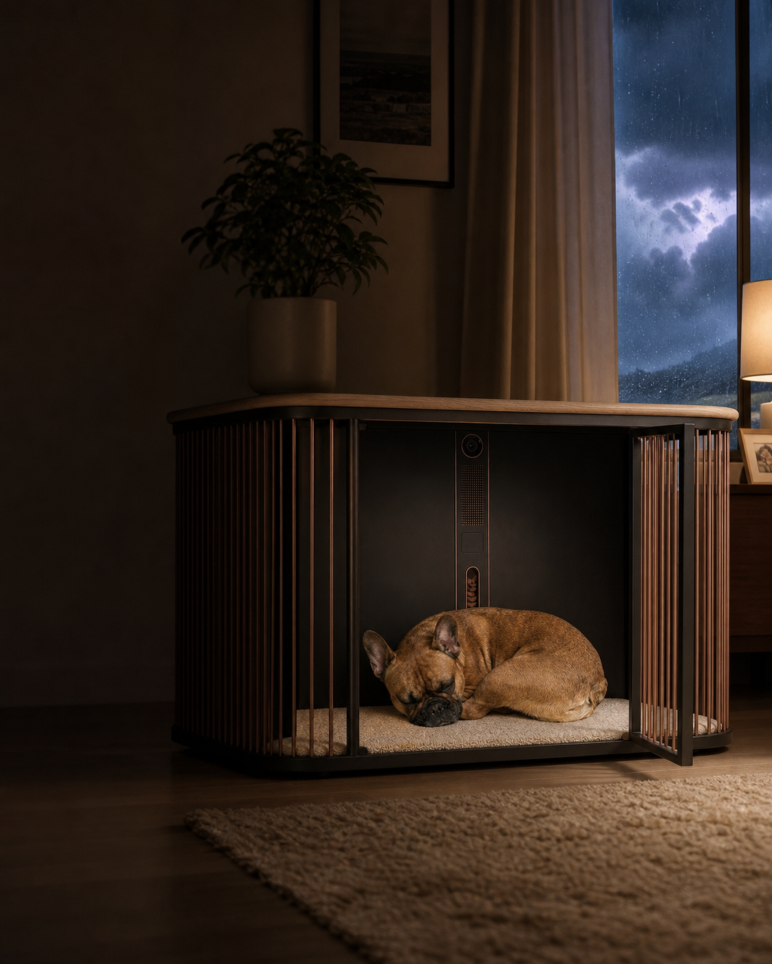 A French bulldog sleeps in the Koja den during a stormy night
